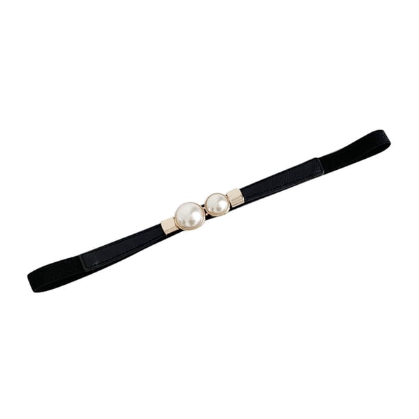Sonducket Cinturón elástico de doble perla para mujer, vestido de cuero PU negro, falda, cintura, cinturones finos elásticos, pretina de diseñador para Cinturones negro