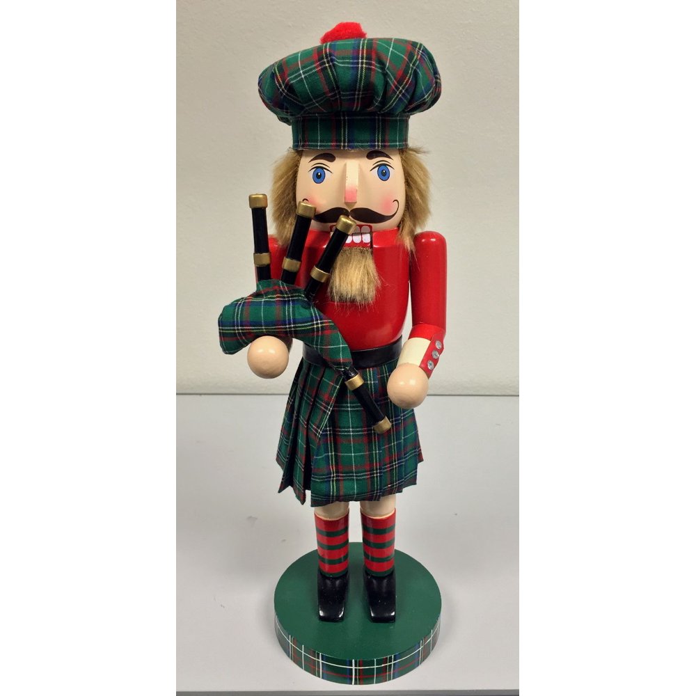Scottish Bagpipe Player Wearing Kilt Wood Christmas Nutcracker 14 Inch