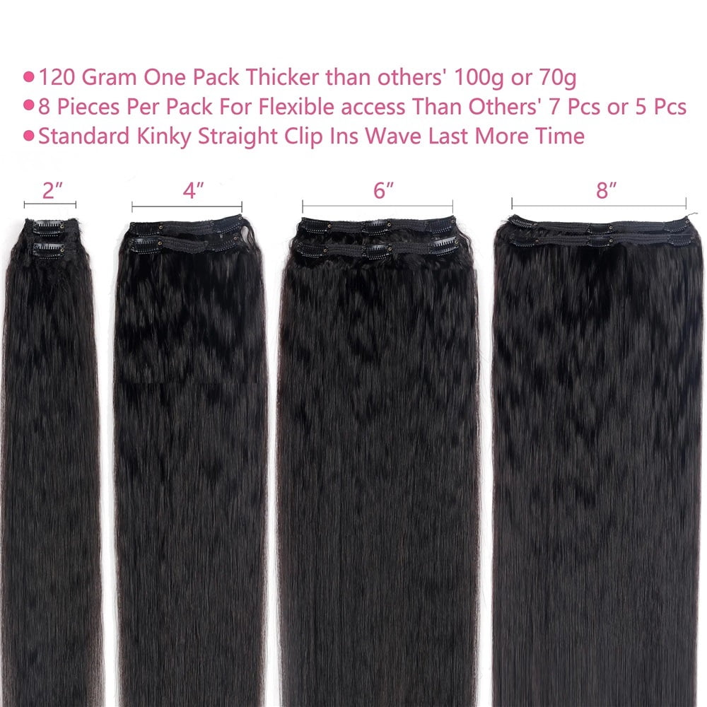 Kinky Straight Clip in Hair Extensions Real Human Hair Natural Black Double Weft Clip ins