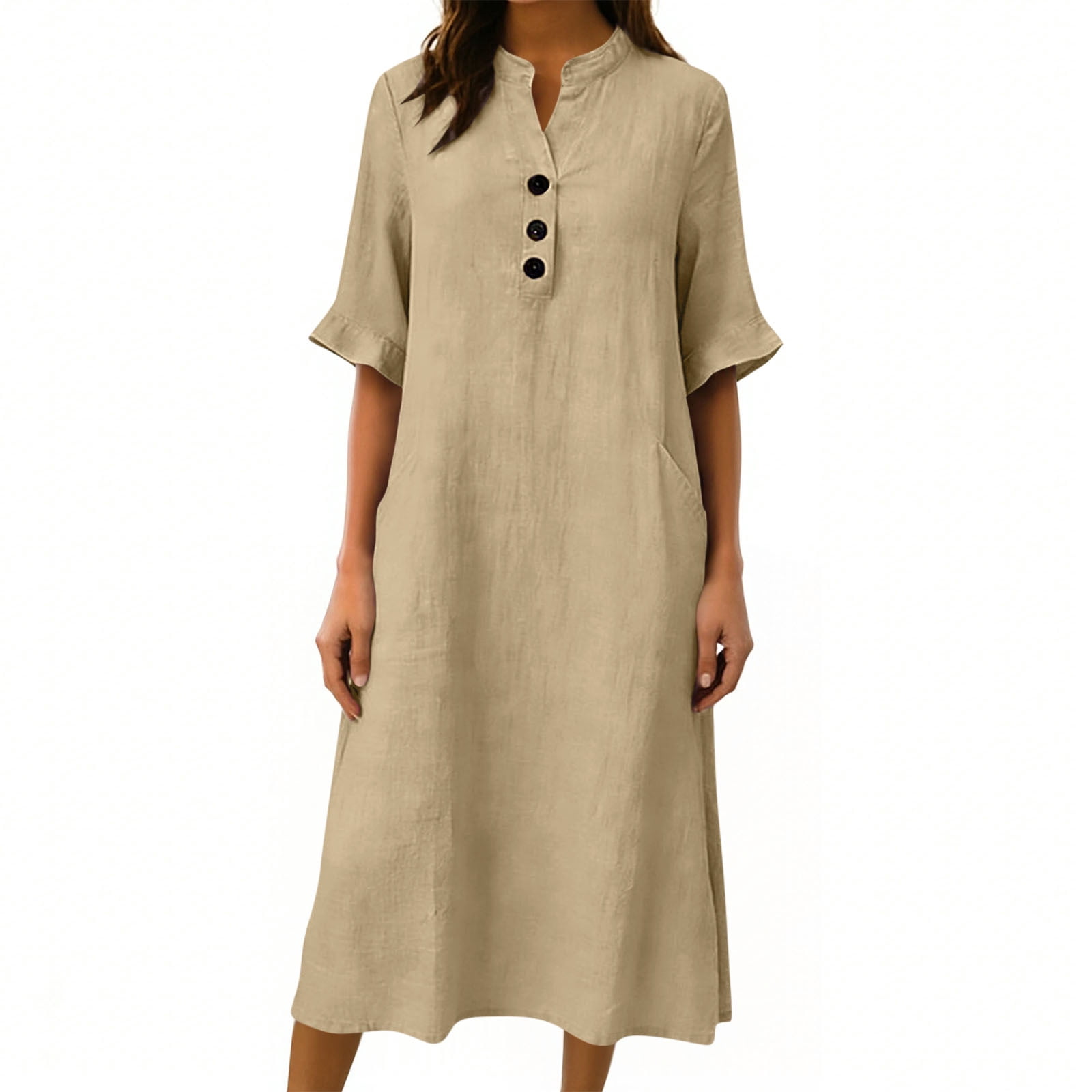 3/4 Sleeve Linen Midi Dress for Women Summer Loose Button Up Stand Collar A-Line Beach Vacation Dresses with Pockets