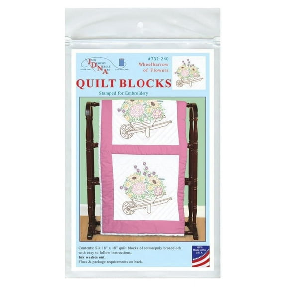 Jack Dempsey Stamped White Quilt Blocks 18"X18" 6/Pkg-Wheelbarrow Of Flowers