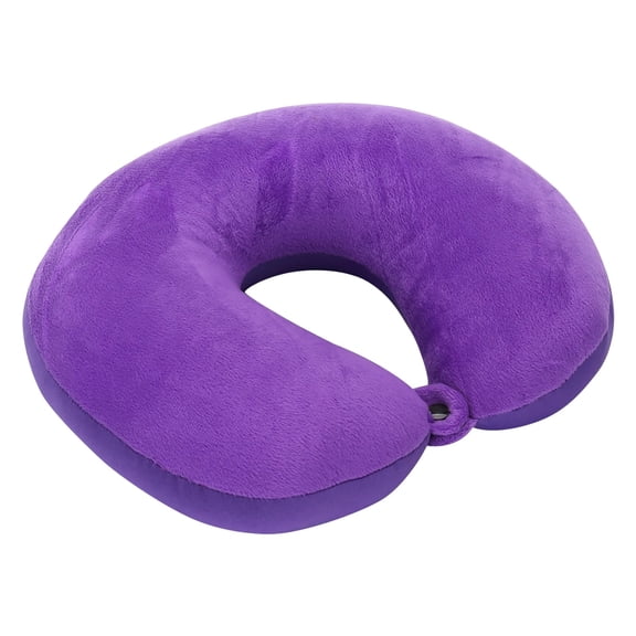 U-shaped memory foam neck pillow in deep purple—contours to your head, covered in breathable fabric. Washable, packable, and your best friend on red-eyes or road trips.