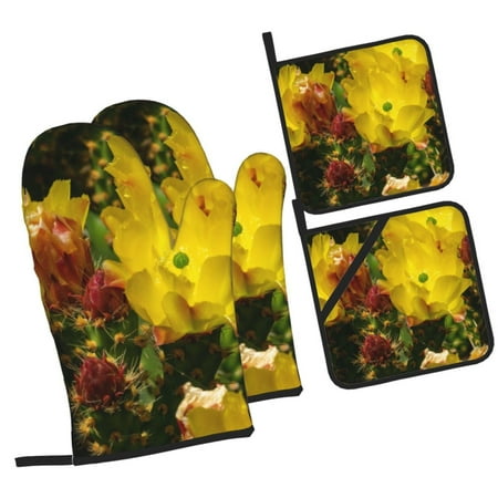 

Honeii Cactus Flowers Pattern Oven Mitts and Pot Holders Silicone Oven Gloves 500 F Heat Resistant Oven Mitts Sets 4PCS