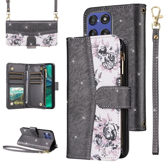 Furiet for Motorola Moto G Stylus 5G 2025 Floral Wallet Case & Flip Zipper Purse Wrist/Shoulder Strap, Luxury Glitter PU Leather Card Holder Stand Accessories Cell Phone Cover for G5 Women Black