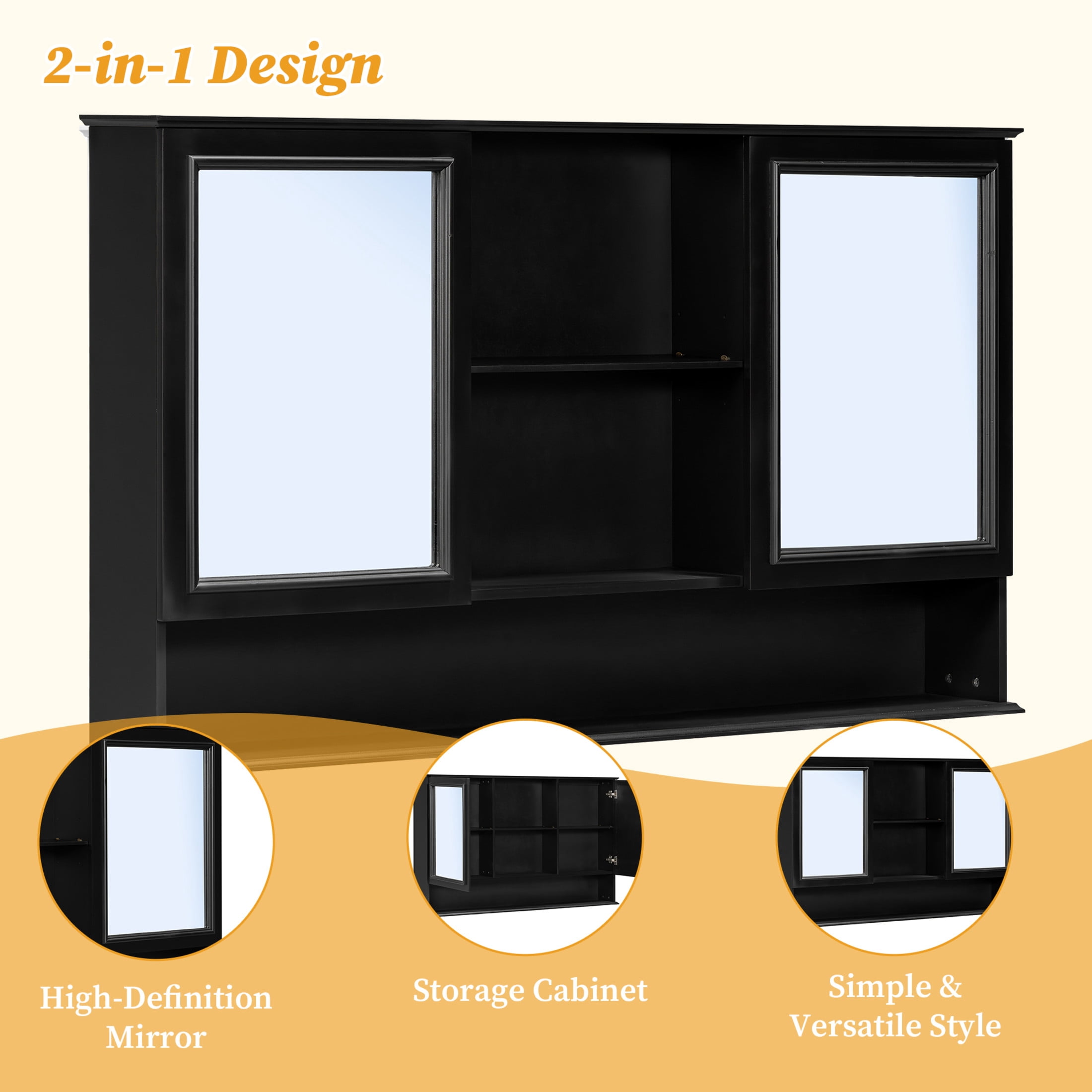 Christopher Knight Home 60" Wall-Mounted Bathroom Storage Cabinet with Double Mirrored Doors, Black