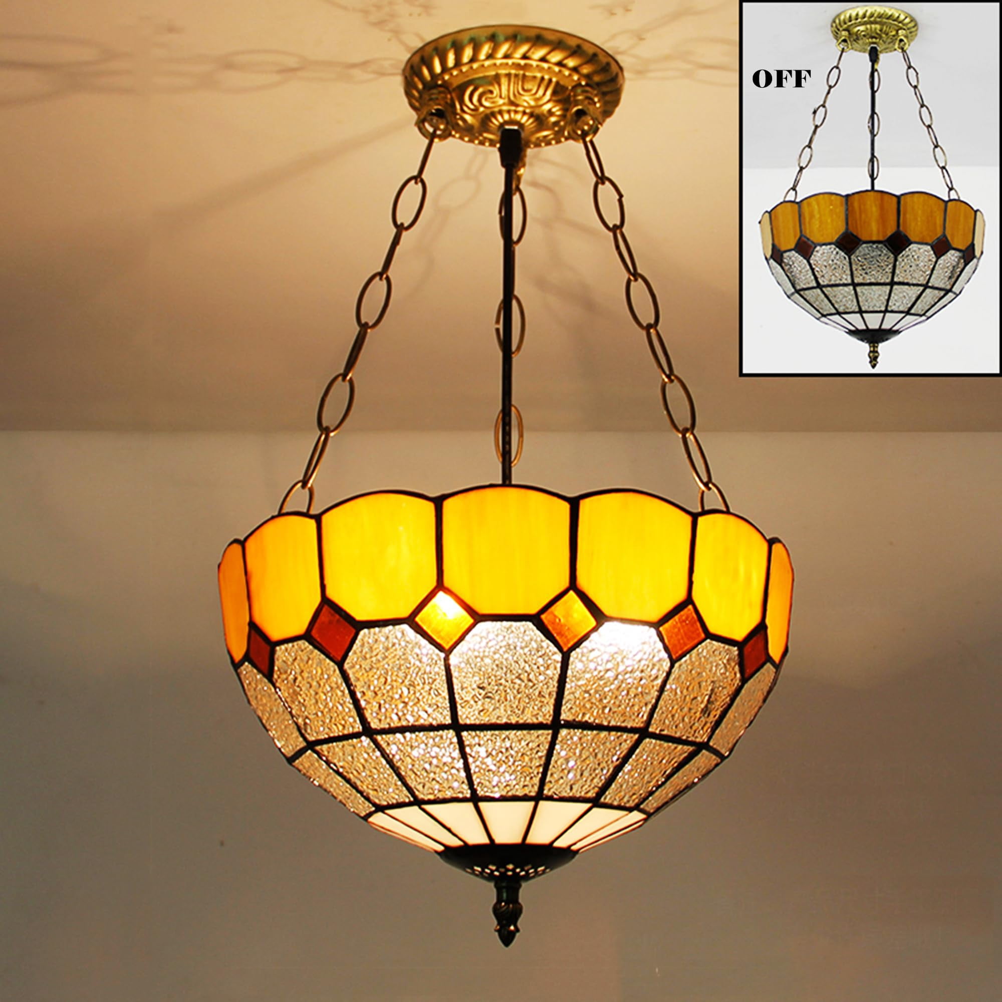 Kiven 11.8in Flush Mount Ceiling Light Fixture Dimmable, 3-Light Anti Glare Close to Ceiling Light with 15FT Plug-in Cord, Tiffany-Style Glass Chandelier for Bedroom Kitchen Hallway(No.3226-Y)