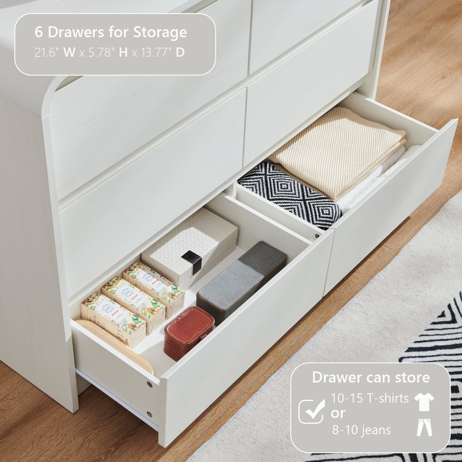 wow97e Modern 6 Drawers Dresser for Bedroom, 47" Wide Wood Chest of Drawers w/Curved Profile Design, for Bedroom, Living Room, White