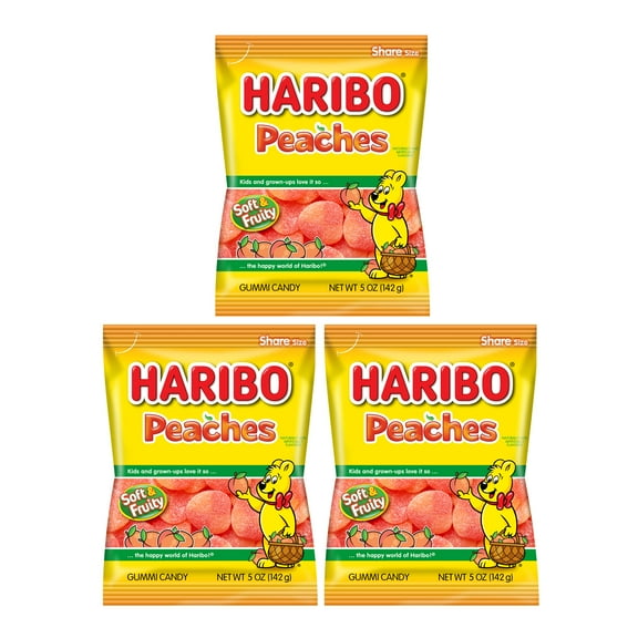 HARIBO Peaches Gummy Candy Pack of 3 (5oz Bags) Jelly Fruit Gummi Candy Pack