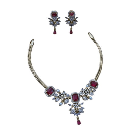 South Indian Bollywood Antique Gold Plated AD CZ White & Red Stone Haaram Matte Finish Brass Short Necklace with Matching Drop Earrings – Bridal & Party Wear Jewelry Set
