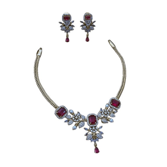 South Indian Bollywood Antique Gold Plated AD CZ White & Red Stone Haaram Matte Finish Brass Short Necklace with Matching Drop Earrings – Bridal & Party Wear Jewelry Set