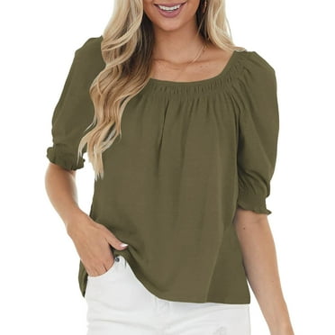 OD Green Elastic Cuff Top for Home & Office, Women's Pure Color Shirt, Size S Scoop Neck Puff Sleeve Blouse
