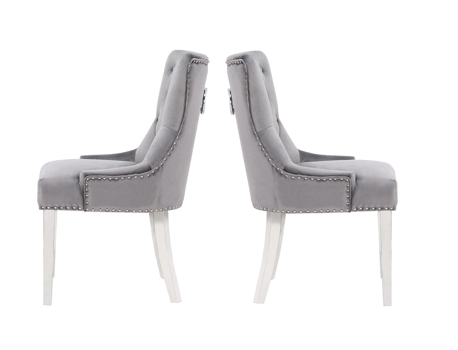 Chaise Eudora en Gris, chaise de salle à manger avec garniture cloutée, chaise de salle à manger en velours, chaise de salle à manger avec pieds en acier inoxydable pour cuisine et salon - Ensemble 2