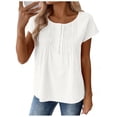 thumbnail image 3 of Admvng Shirts For Women Fashion Summer Solid Color Crew Neck Short Sleeve Button Shirt Top S-2XL, 3 of 8