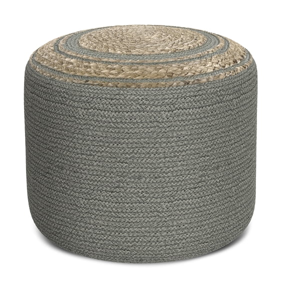 Braided Round Pouf Ottoman, Gray Cotton Jute Footstool with Bead Filling for Living Room, Bedroom Accent