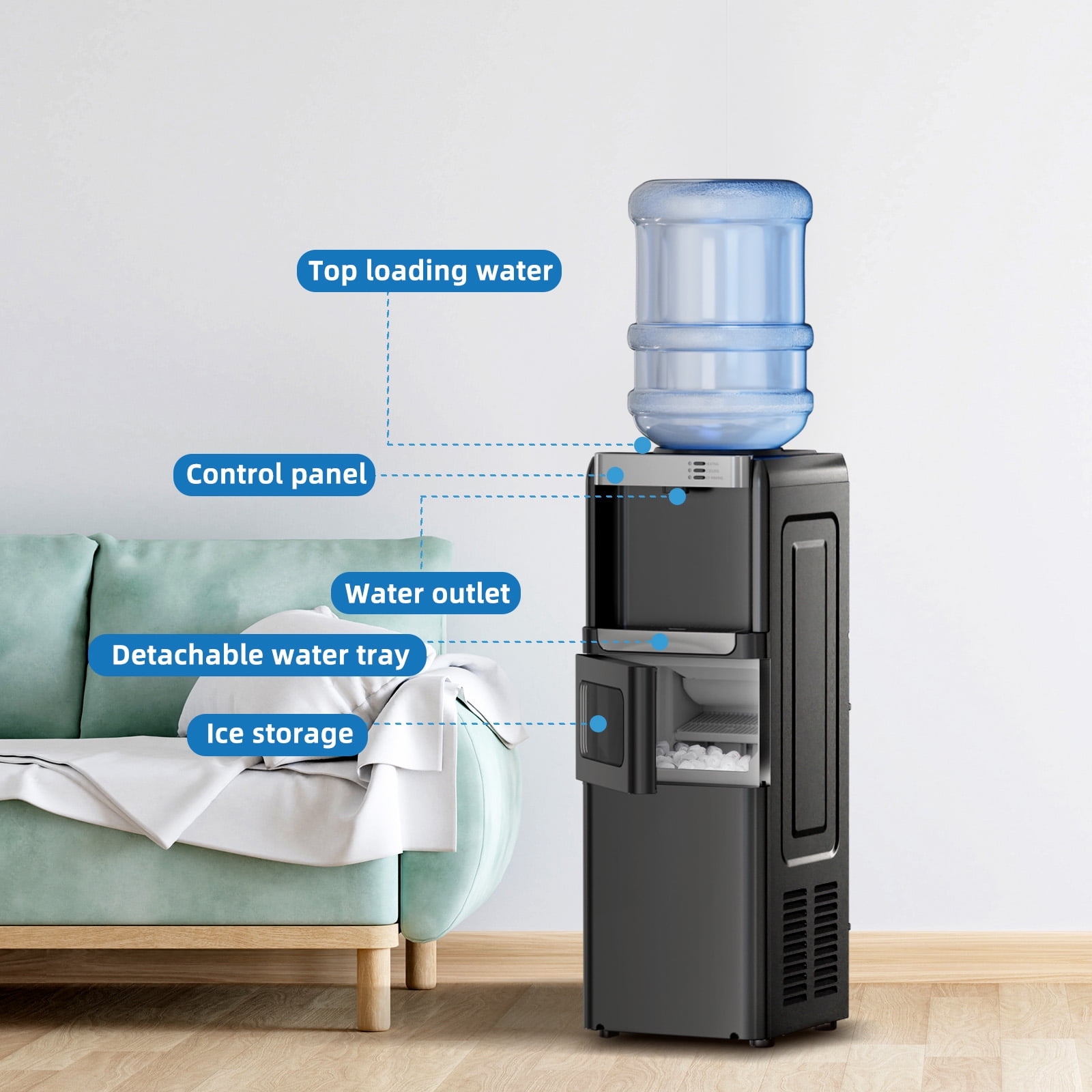 FREE VILLAGE Water Dispenser with Ice Maker,3-in-1 Water Cooler with Ice Maker, Hot & Cold Top-Loading Water Dispenser for 5 Gallon Bottle,33LBS/24H Ice Maker Output,Black