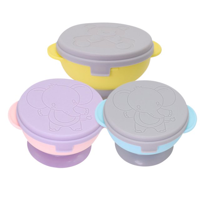 OUSITAID 3pcs Portable Baby Feeding Bowl with Lid Silicone Suction Cup Bowls Infant Tableware (Pink+Yellow+Blue)