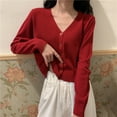 thumbnail image 5 of Arnsht Womens Solid Color Deep V Neck Cardigan Sweaters Open Front Button Down Long Sleeve Cropped Knit Coats Red Free Size, 5 of 5