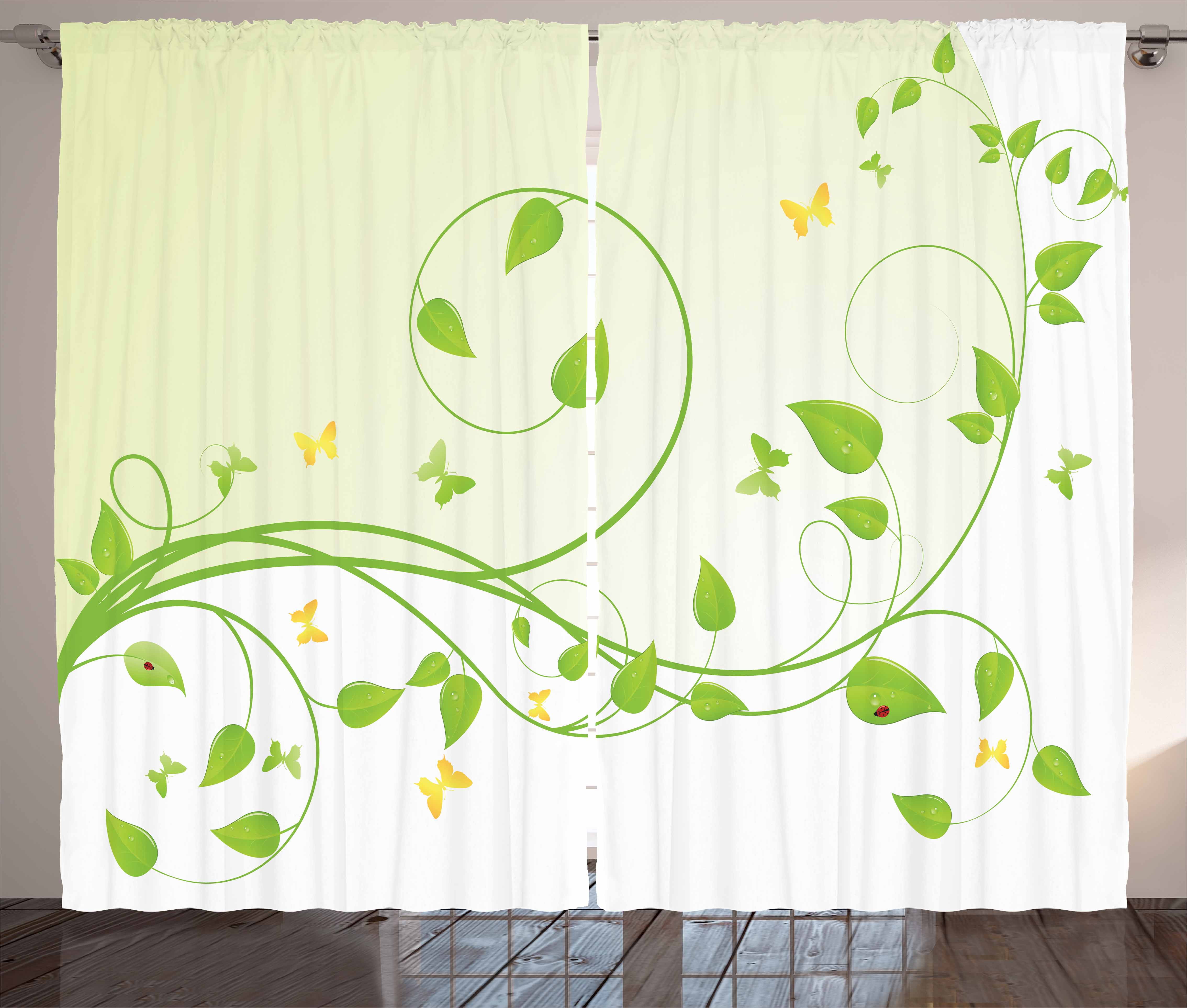 Vine Curtains 2 Panels Set Flourishing Sapling Pattern With Butterflies And Ladybugs On Leaves 6915