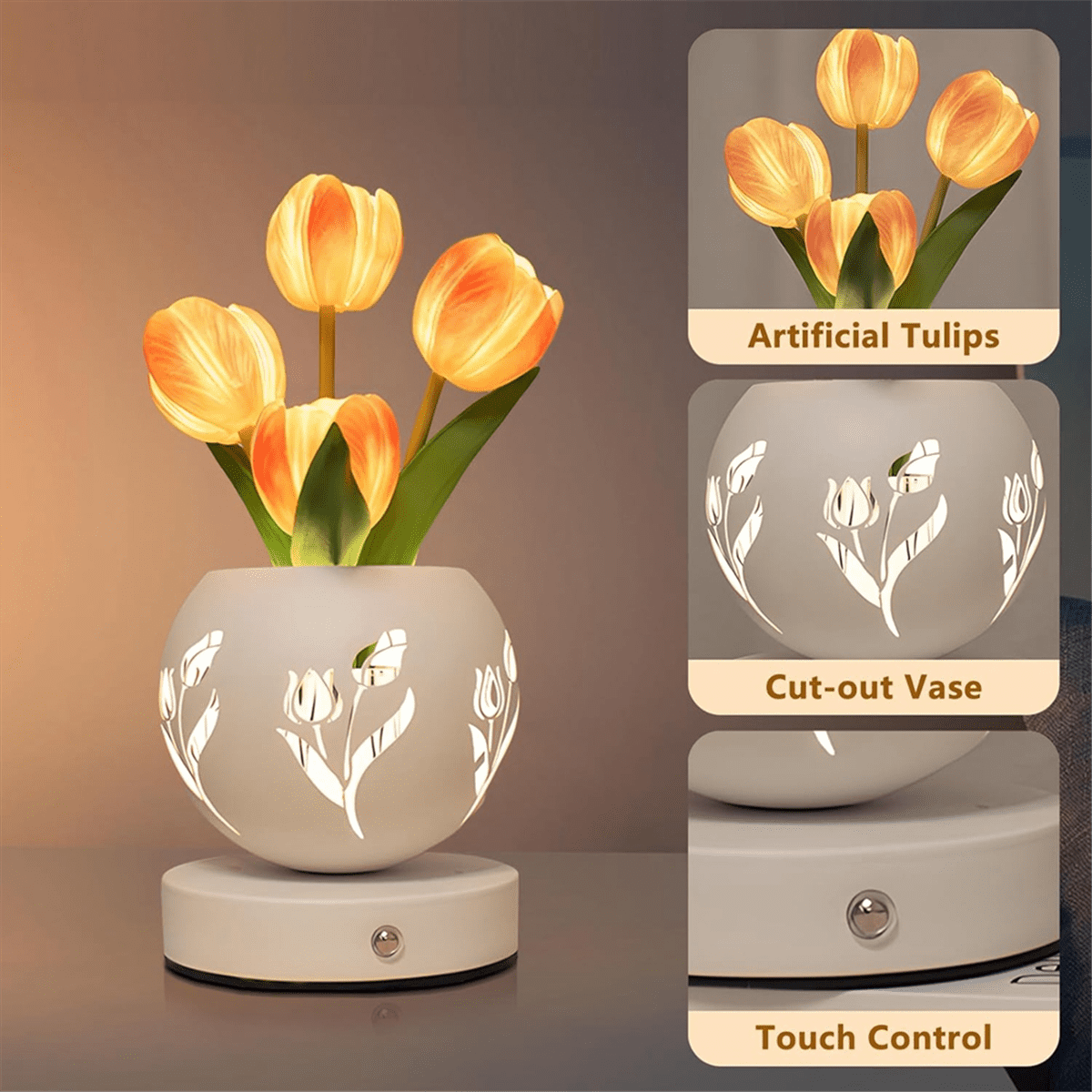 Tulip Night Light Artificial Flower Desk Lamp with Cut-Out Vase USB Charging 3 Color Stepless Dimmin Orange&White PU+Iron Art