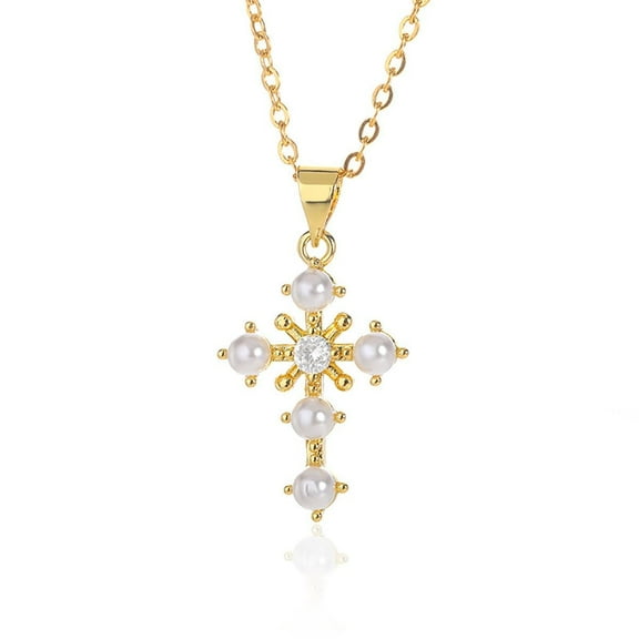Aleasha Pearl Cross Necklace for Women Small Faux Pearl Cubic Zirconia Gold Pendant Necklace 18" Jewelry Gifts