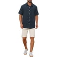 thumbnail image 2 of INSPIRE CHIC Mens Linen Shirts Short Sleeve Button Down Beach Summer Point Collar Shirt M Navy Blue, 2 of 6