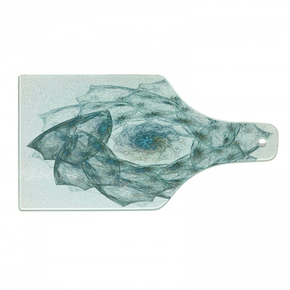 Spires Cutting Board, Flower Shaped Spiral Digital Vortex Pattern with Colored Elements Image, Decorative Tempered Glass Cutting and Serving Board, Wine Bottle Shape, Teal, by Ambesonne