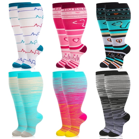 Hengguang 6 Pairs Compression Socks for Women Plus Size, Wide Calf 20-30 mmHg, Extra Wide Support Stockings for Swelling Relief, All-Day Comfort