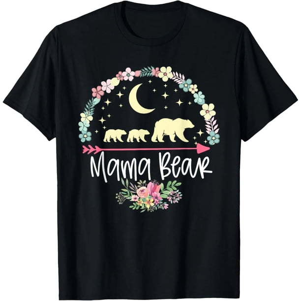 Playera de Mujer con Diseño de Mamá Osa, Dos Oseznos y Círculo de Flores - Regalo para el Día de las Madres