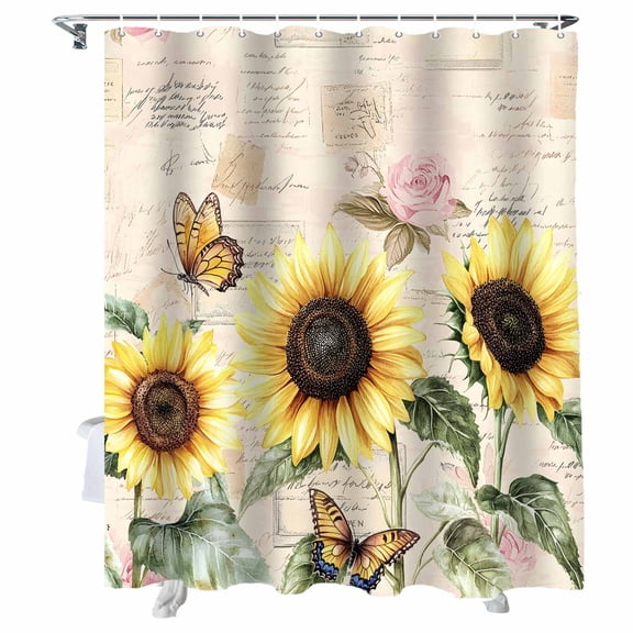 Shower Curtains Sunflower Leaves Butterfly Bath Curtain Floral Vintage Style Waterproof Bathroom Shower Curtain Set with Hooks Decoration 36 x 72 Inches