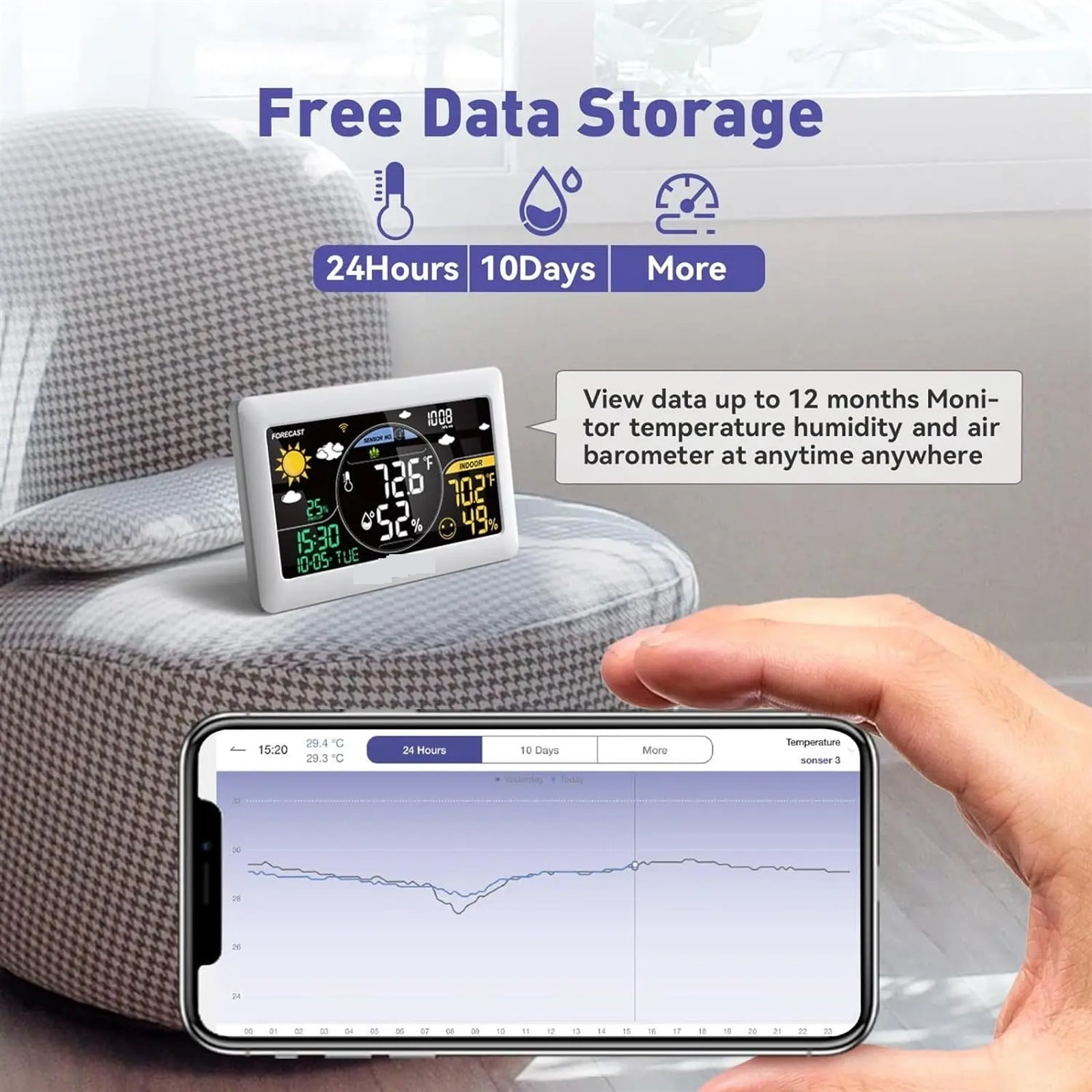 Weather Station Wireless Indoor Outdoor Thermometer Wall Alarm Clock Pressure App Online Real-time Forecast Monitor ,Excellent Visual Experience