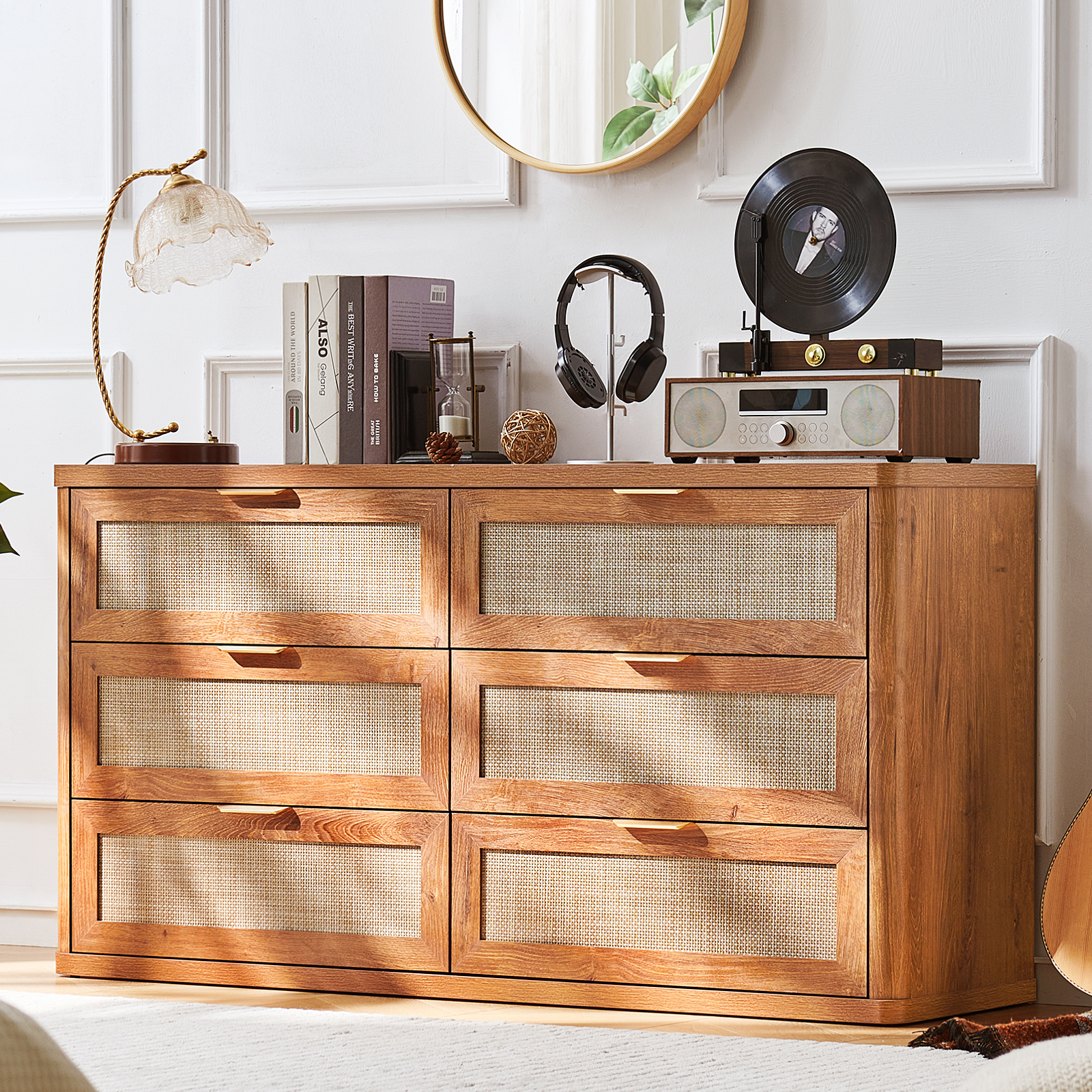 6 Drawer Dresser for Bedroom Set of 2, Boho 54" Wide Brown Dresser Chest of Drawers, Dressers TV Stand with Metal Handle, Storage Dressers Closet for Living Room