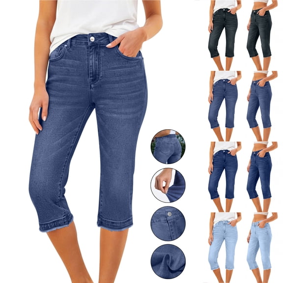 Bloomae Capri Jeans for Women Trendy Stretch Mid Rise Distressed Raw Hem Casual Summer Stretchy Denim Capris Pants Relaxed Fit Light Blue XL