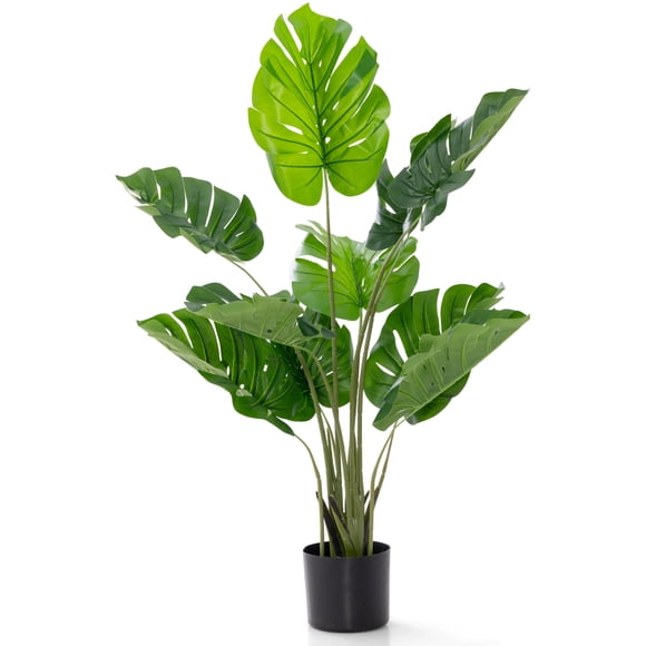 Patiojoy Artificial Monstera Deliciosa 4FT Fake Tropical Palm Tree Large Faux Floor Plant in Pot with 10 Leaves of Different Sizes