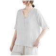thumbnail image 4 of WREESH Women's Henley Shirts Solid Color Cotton and Linen with Embroidery Detail Short Sleeve V-Neck Top White, 4 of 5
