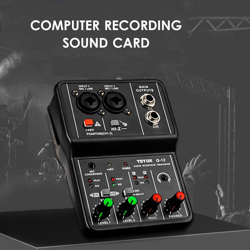 Audio Interface Professional Recording Sound Card 16bit/48kHz Mini USB Audio Interface Sound Card 2-In & 2-Out with 48V Phantom Power USB-B Cable Studio Recording Equipment for Music Recording