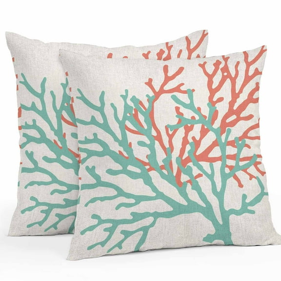 Outdoor Pillow Covers 18 x 18 Inches, Teal Red Coral Waterproof Throw Pillow Cover Set of 2, Summer Ocean Nautical Coastal Rustic Burlap Decorative Square Cushion Covers for Patio/Tent/Couch/Garden
