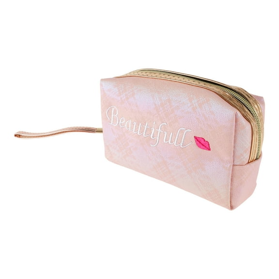 1 Pc Women Embroidered Baeutiful Makeup Bag for Travel Vacation Camping Pink PU