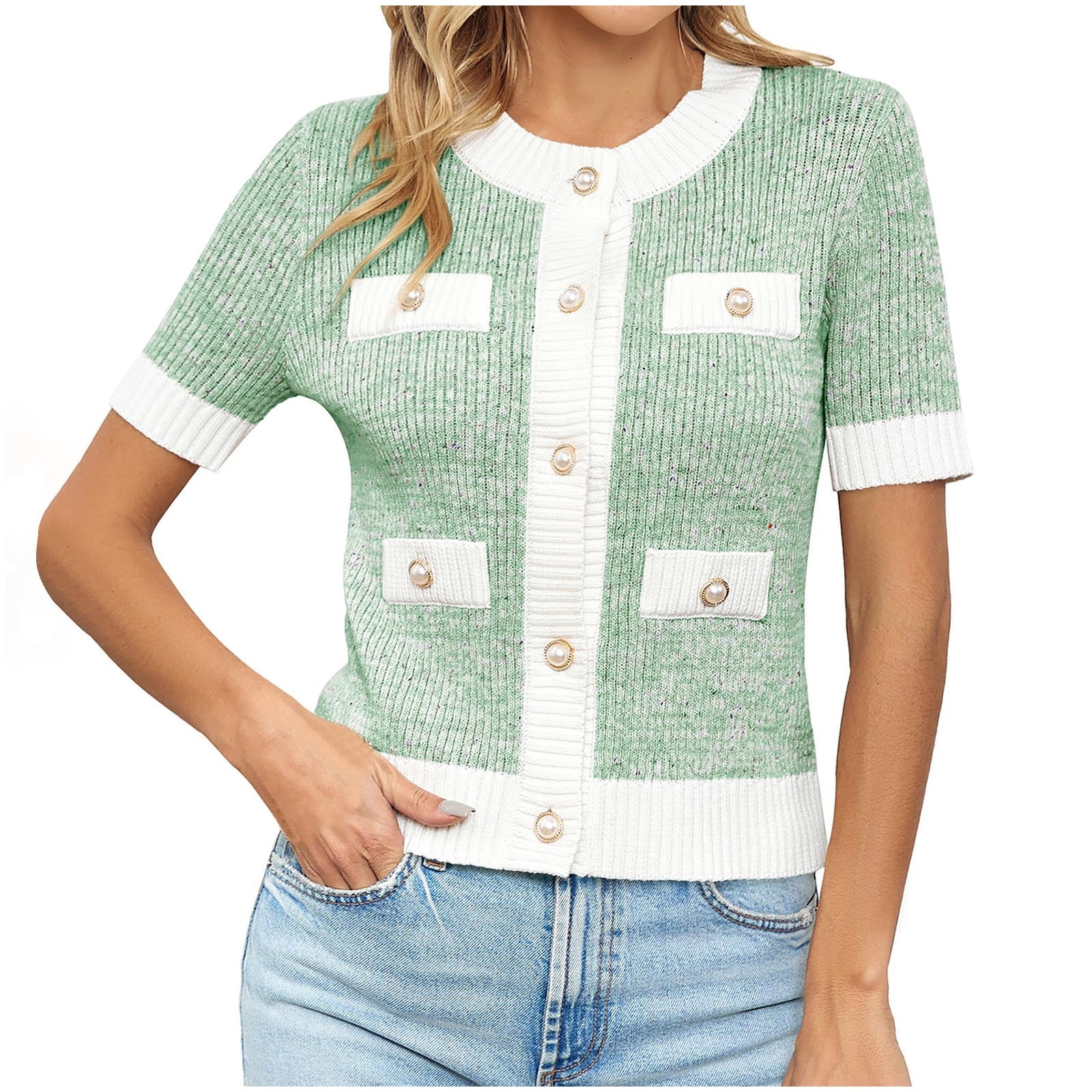 WRKEKC Women's Summer Bouclé Knit Cardigan Short Sleeve Button