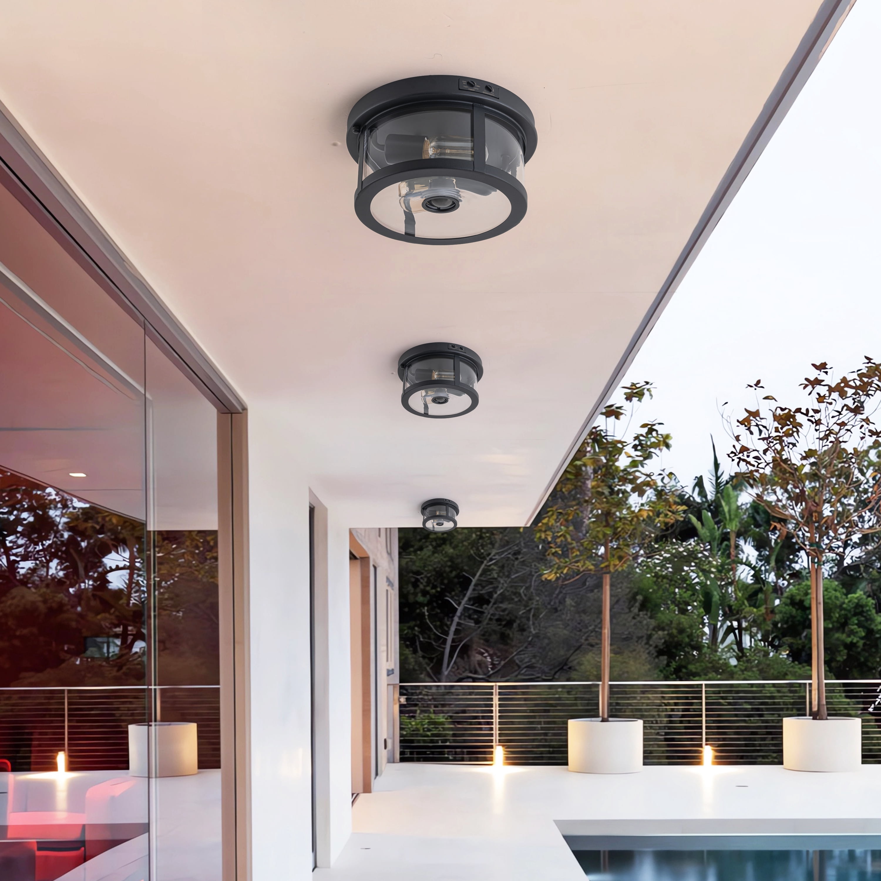 C Cattleya 2-Light Black Motion Sensor Dusk to Dawn Outdoor Flush Mount Ceiling Light with Clear Glass Shade