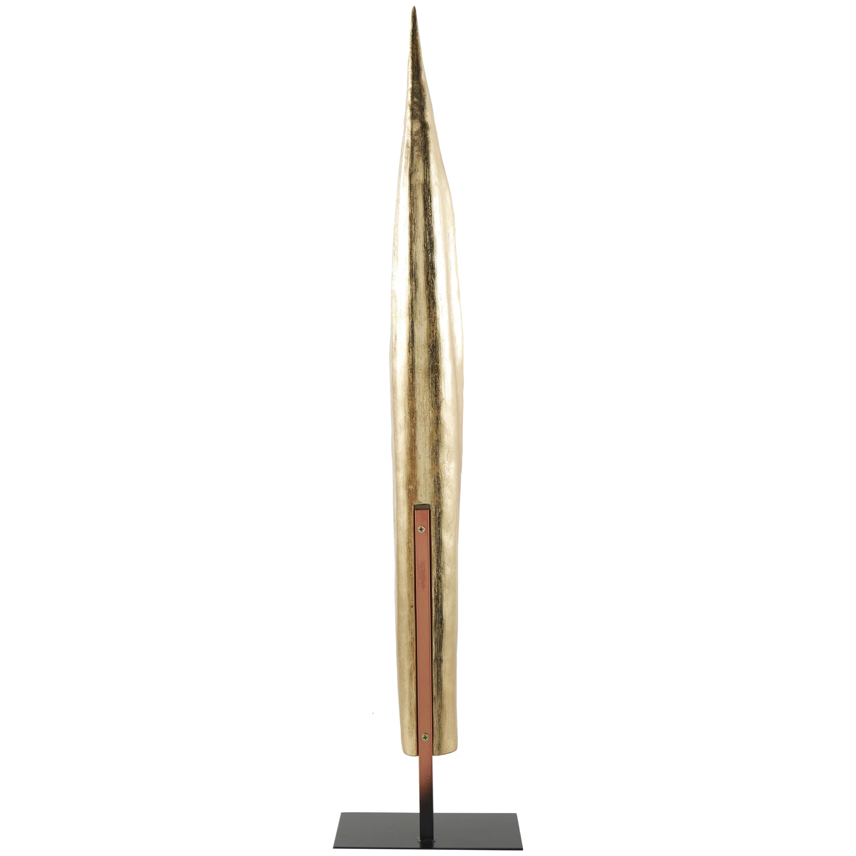 9" x 39" Gold Polystone Slim Abstract Leaf Sculpture with Black Metal Stand, by DecMode