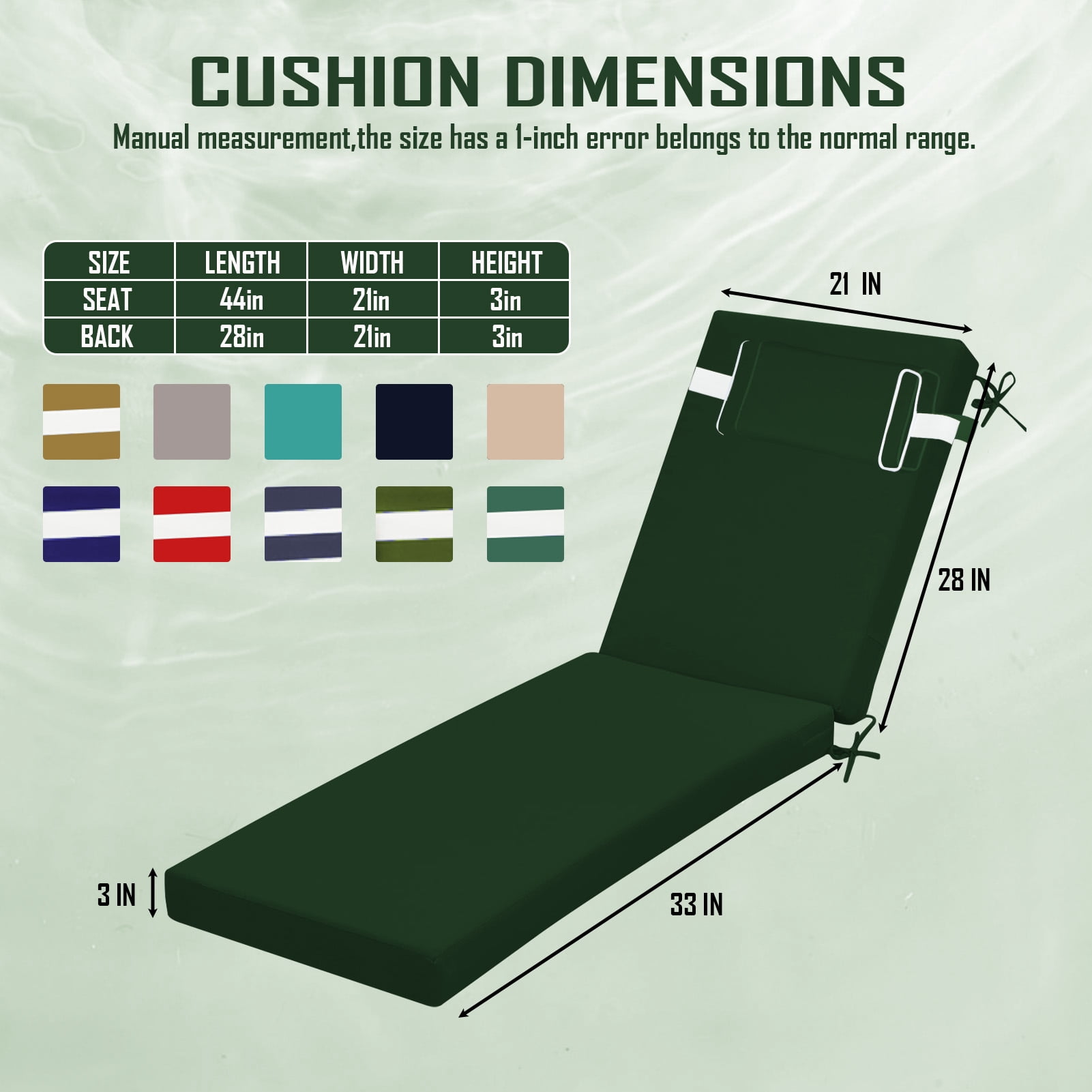 Outdoor Chaise Lounge Cushion with Adjustable Headrest and Straps