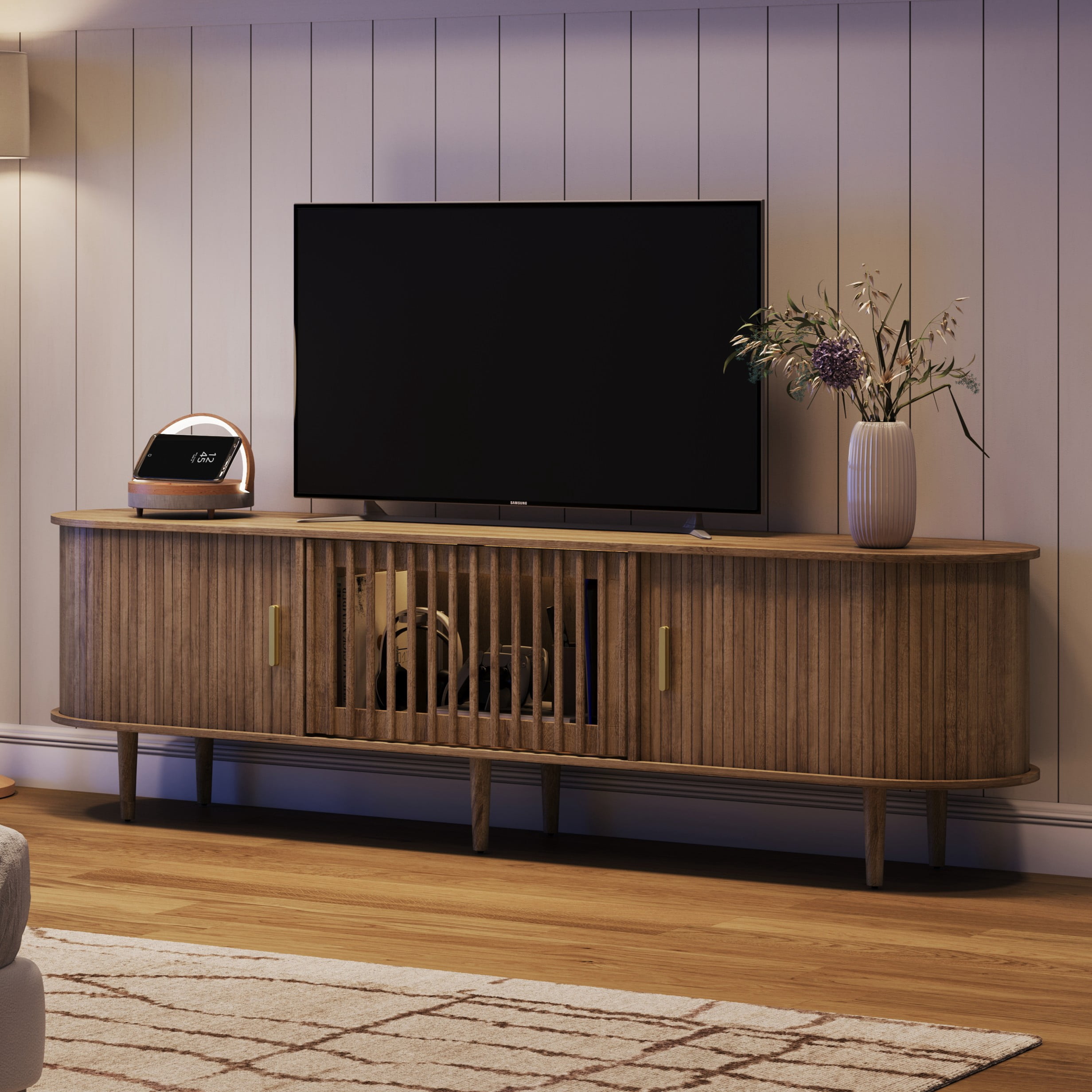 CHIC HOUSE 70" LED TV Stand for TVs up to 75", Mid-Century Modern Entertainment Center with Storage Shelves & Sliding Tambour Door, Oak