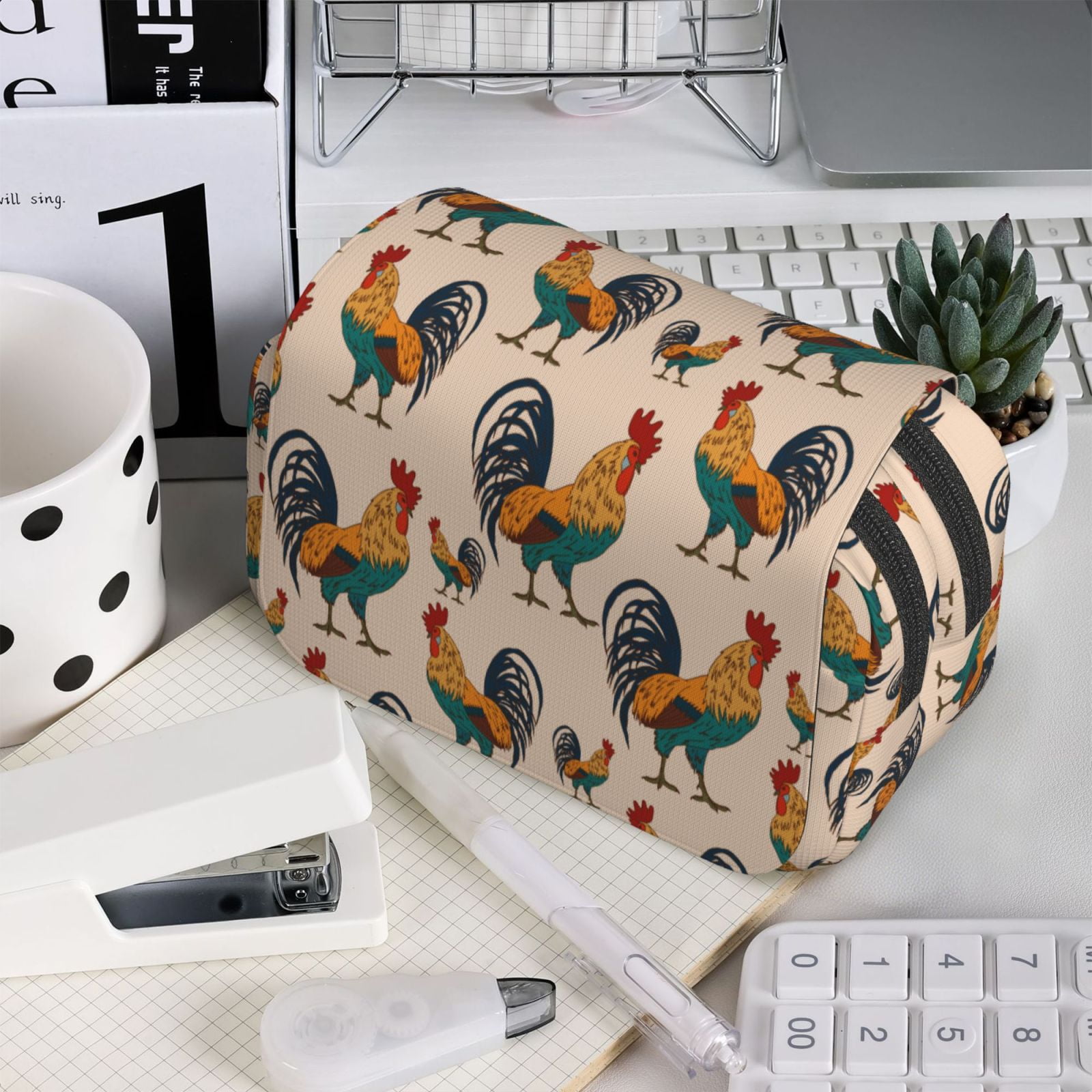 Rateoe Rooster Pattern Double Clamshell Pen Case, Storage Organizer with Two Zipper Compartments– Holds Up to 50 Pencils & Pens