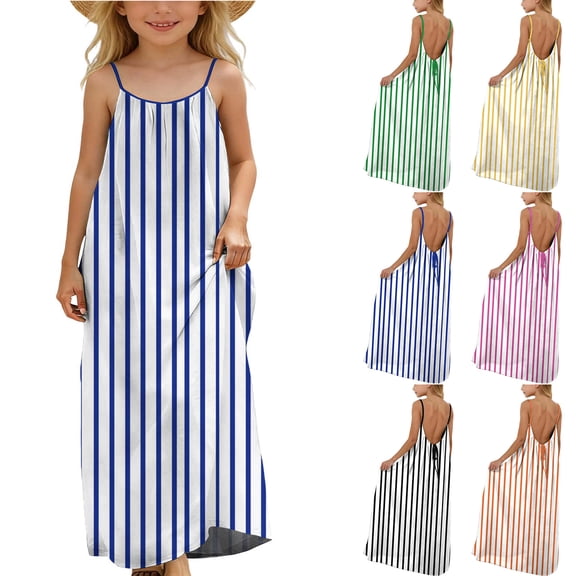 HBGVBA Girl's Summer Casual Dresses,Sleeveless Strip Midi Sundress,5-14 Years Fashion Striped Loose Spaghetti Strap Maxi Dress with Back Drawstring Casual