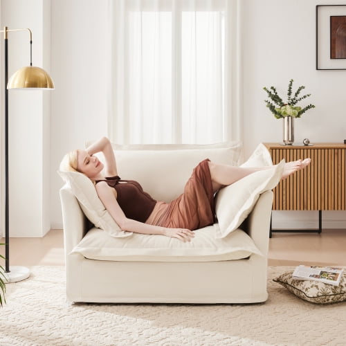 49" Chenille Cozy Oversized Sofa Chair, Modern Single Sofa with Removable Cover, Upholstered Recliner Sofa Chair with Deep Seat for Living Room, Cream
