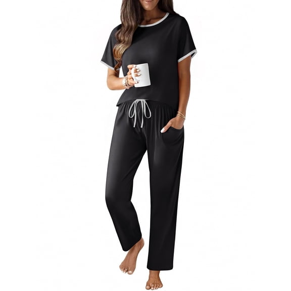 Ekouaer 100% Cotton Pajama for Women Short Sleeve Pj Top With Long Pants 2 Piece Lounge Set with Pocket