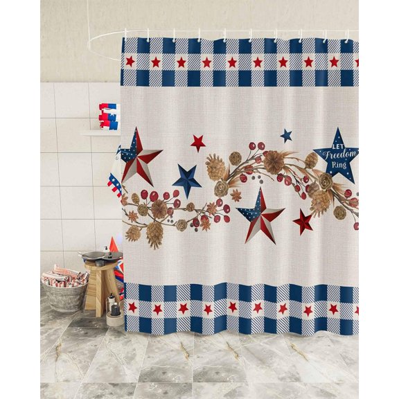 Fourth of July Stars Shower Curtain, Buffalo Plaid Blue Shower Curtain Set with Hooks, Spring Summer Waterproof Fabric Shower Curtains for Bathroom Decor, 36x72 Inch Bath Curtain