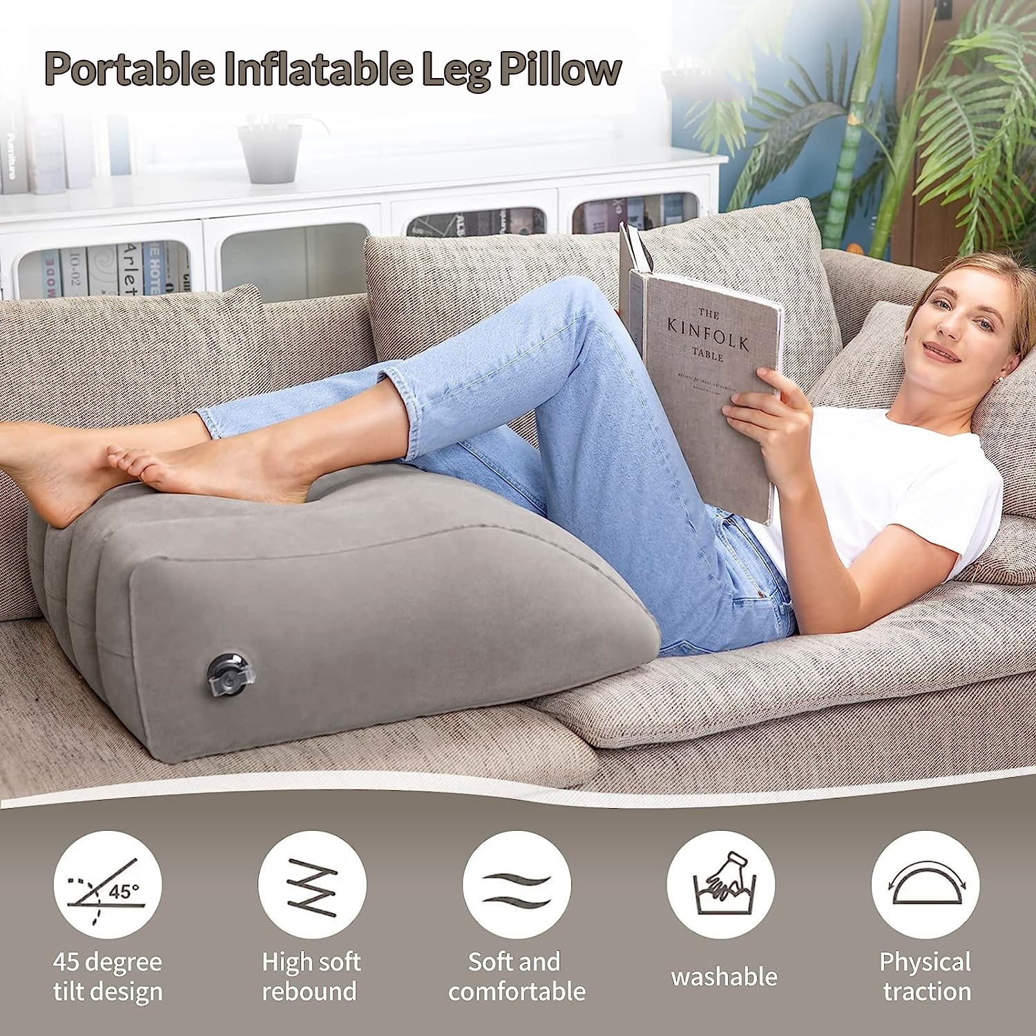 Wedge Pillow for Sleeping Inflatable Leg Elev-ation Pillow for Swelling Knee Pillow for Legs Relax Travel Wedge Pillow for Legs Foot Ankle Knee and Lower Back Pain Support(Grey+Grey storage bag)