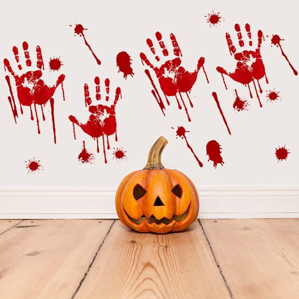 LAWOHO Halloween Party Stickers Window Clings Wall Decals Vampire Zombie Party Decorations Supplies Bloody Handprint Footprints Living Floor Bathroom Decor 