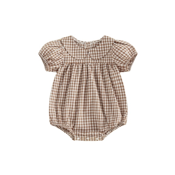 RUINIXCW Newborn Baby Girl Spring Summer Fall Clothes Plaid Gingham Bubble Romper 0 3 6 9 12 18 Months Sweet Infant Short Sleeve Doll Collar Bodysuit Jumpsuit Playsuit